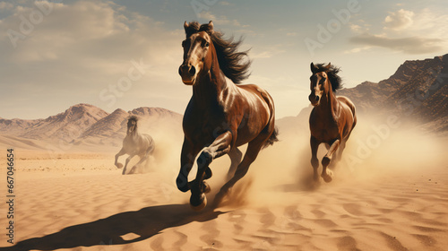 A horse gallops freely in the heart of the vast desert, its powerful muscles propelling it across the endless sea of sand. The animal's mane and tail dance with the wind, and its hooves kick up tiny. photo