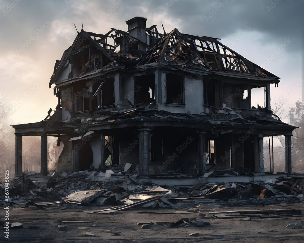 Fototapeta premium War's Devastation: Destroyed Residential Home. generative ai