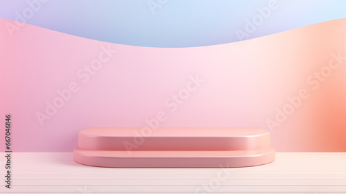 The product is elegantly displayed on a pastel-colored background  positioned atop a sleek podium. The soft  muted hues of the background provide a subtle contrast that draws attention to the product.