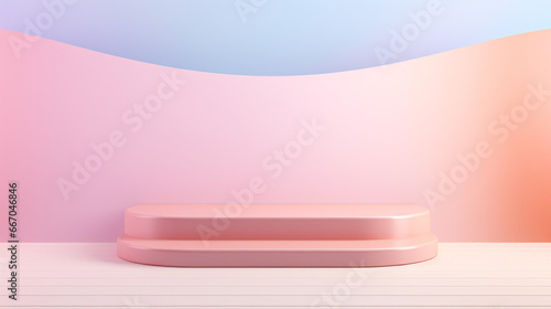 The product is elegantly displayed on a pastel-colored background, positioned atop a sleek podium. The soft, muted hues of the background provide a subtle contrast that draws attention to the product.