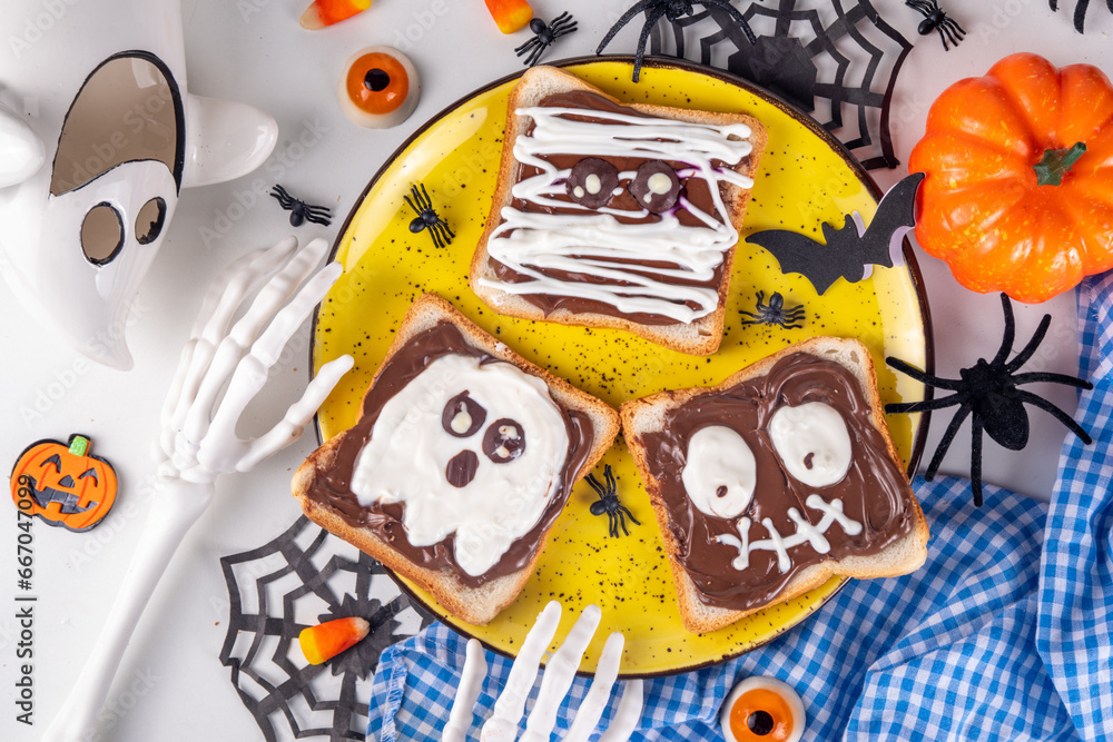 Funny Halloween characters toasts with nuts butter