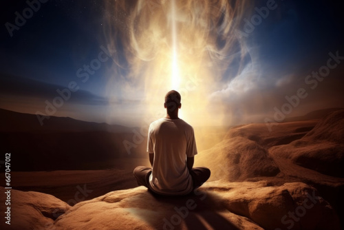 Man in yoga pose meditation in the desert with energy aura revealed 