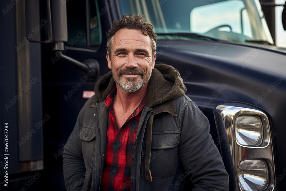 Portrait of Truck driver in front of his truck, About 45 years old, smiling Caucasian mature adult man Portrait of Truck driver in front of his truck, About 45 years old, smiling Caucasian mature adult man