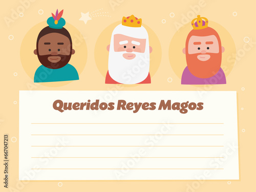 Funny vectorized letter. Dear wise men, written in Spanish.Kings of orient vectors on yellow background