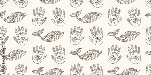 Whales Palms Boho Seamless pattern. Vintage Print
