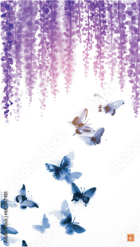 Sumi-e style illustration of cascading wisteria and flying butterflies on a white background. Translation of hieroglyph - eternity