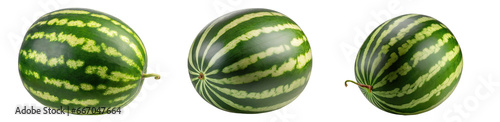 Set of whole, green, round watermelons, isolated on a transparent background with a PNG cutout or clipping path.