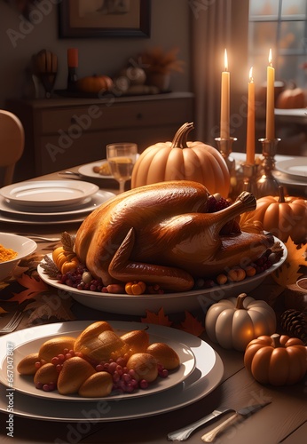 Thanksgiving Turkey Feast  Festive Table with Autumn Decorations. generative ai