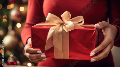 Close-up of young female hands wrapping a Christmas present in kraft paper and a fir branch. Bright gift design. Concept of holiday, surprise.