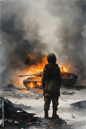 Resilient Middle East Child Amidst Shattered Tank. generative ai
