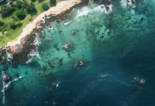 Beach with palm trees on the shore in the style of birds-eye-view. Turquoise and white plane view on beach aerial photography. © Marharyta