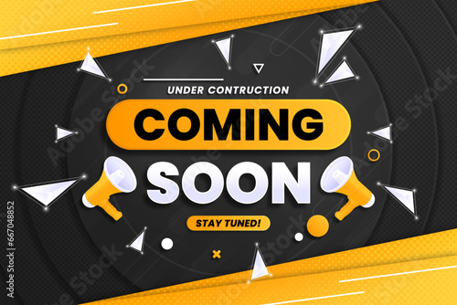 Coming soon with megaphone design on abstract background