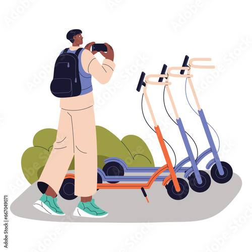 Young man leave electric, e scooter on stop station. Rider take photo by smartphone of parking rental transport. Online service for rent urban eco vehicle. Flat isolated vector illustration on white