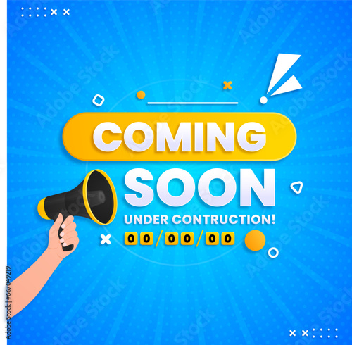 Coming soon with megaphone design on abstract background