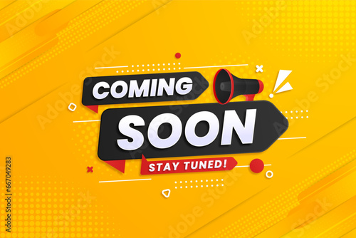 Coming soon with megaphone design on abstract background