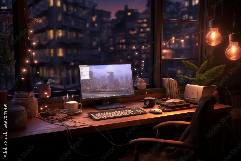 Warm Cozy workspace. Desktop plant spring. Generate Ai Warm Cozy workspace. Desktop plant spring. Generate Ai