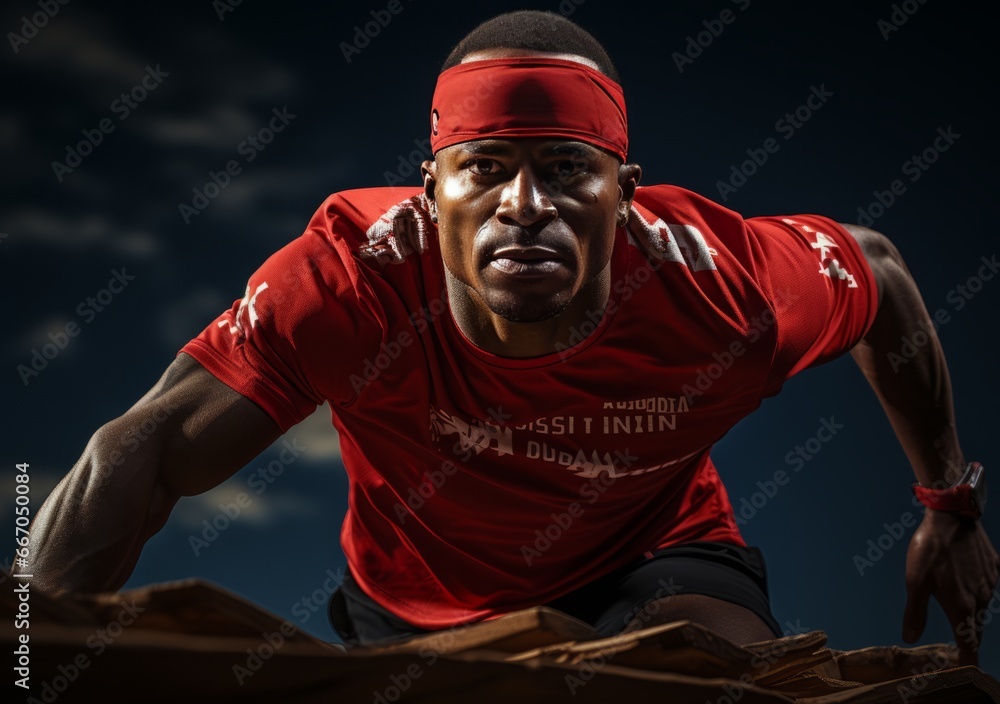 Close-up portrait of Athlete in red T-shirt Close-up portrait of Athlete in red T-shirt