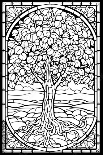 Stained Glass Window Coloring Page of a Tree