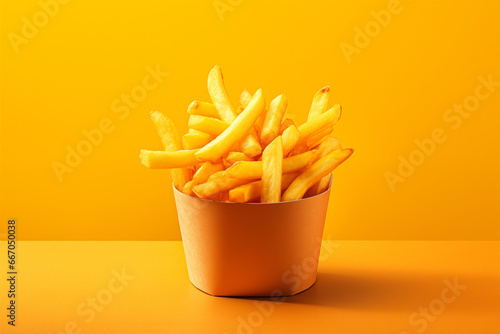 french fries in a paper box on a monochromatic background