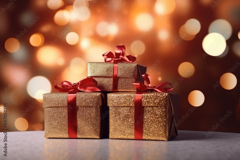 Christmas gift box against golden lights and bokeh background Christmas gift box against golden lights and bokeh background
