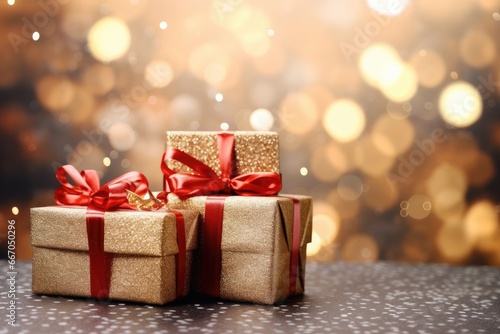 Christmas gift box against golden lights and bokeh background