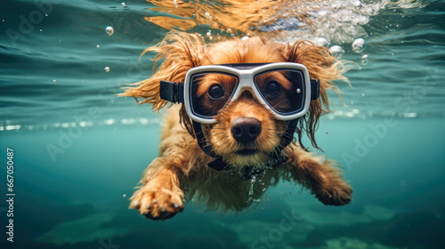 Cute dog underwater wearing scuba diving glasses. 