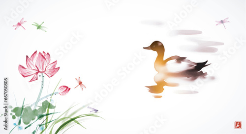 Single duck gliding near a blooming lotus and hovering dragonflies. Traditional Japanese ink wash painting sumi-e. Translation of hieroglyph - beauty.