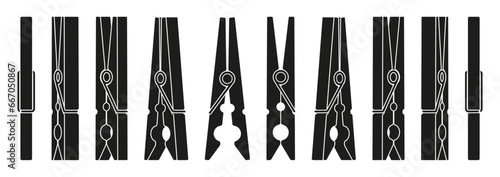 Clothes pin silhouettes. Line wooden pins holding cloth, laundry fastener tool flat style. Vector isolated collection of clothespin and clothesline illustration