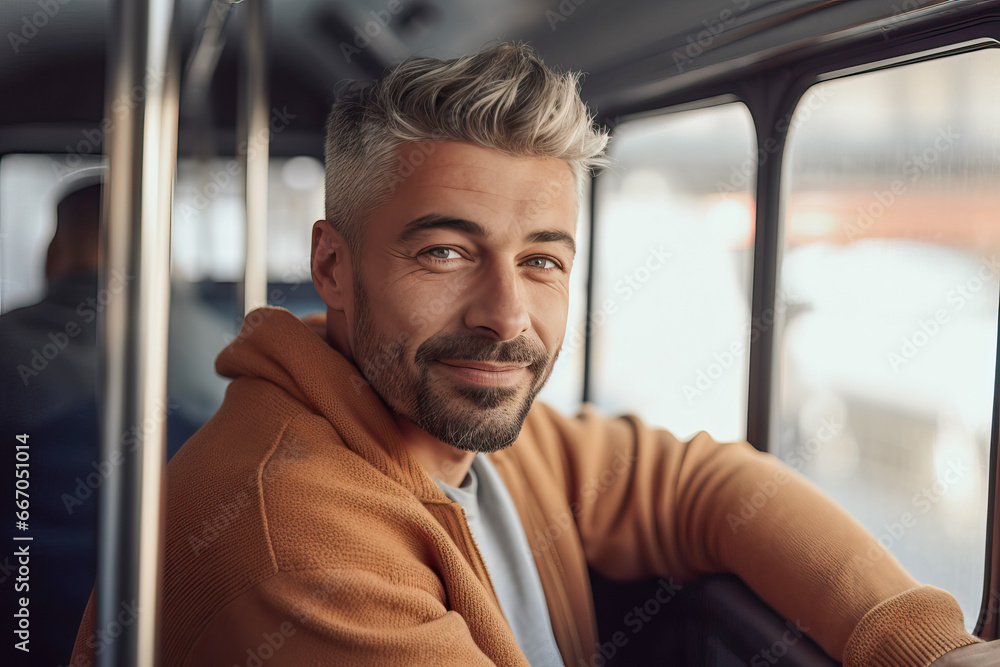 Portrait of a smiling man on a city bus Portrait of a smiling man on a city bus