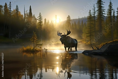 Moose on the water with sunset view 