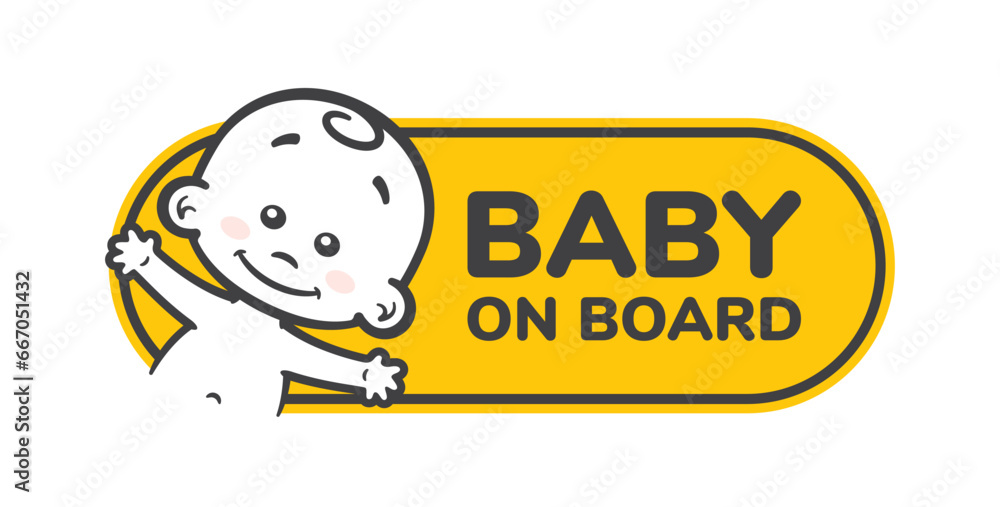 Vector yellow sign with an image of a waving boy and the text - Baby on board. Sticker. Isolated white background.
