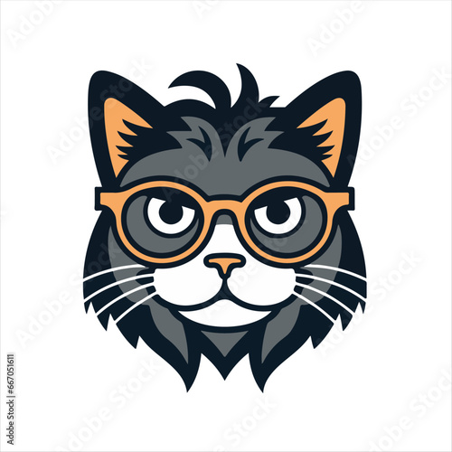 Smart and funny cat with glasses. Modern logo. Thick lines