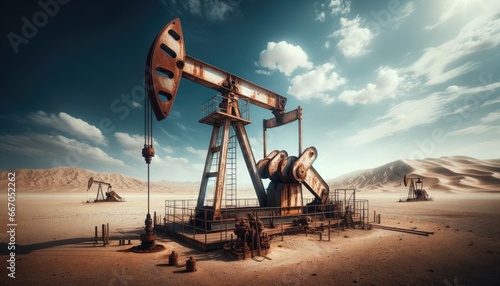 Photo of an old rusted crude oil pumpjack rig situated in a vast desert landscape photo
