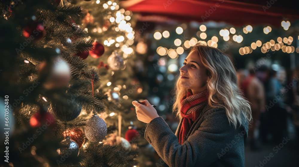 A beautiful woman with shopping bags walks on a snowy Christmas shopping street. Concept of consumerism, fun, holiday. A beautiful woman with shopping bags walks on a snowy Christmas shopping street. Concept of consumerism, fun, holiday.