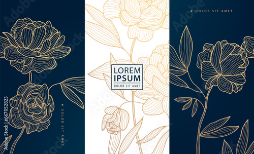 Vector floral line art, set of luxury flower, peony line pattern, golden background. Hand drawn peonies for perfume, wine, social media post, cover, banner, label