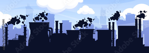 Factories silhouette background. Urban industrial buildings with smokestacks, refinery, chemical plant and oil refinery. Factory vector panorama. Chimneys and pipes with toxic pollution