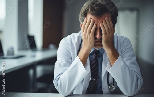 Stressed doctor in the clinic under pressure, Generative AI