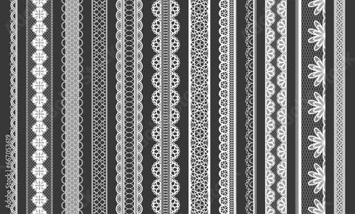 Lace stripes. Geometric border with romantic lace trim, vintage decorative trim, wedding tights and pantyhose. Vector isolated collection. Fashionable ornaments with embroidered details