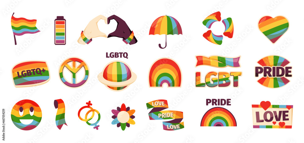 Lgbt stickers. Colorful abstract LGBT rainbow flag and symbols for lgbtq pride card design, diversity awareness concept. Vector isolated set. Pride month, Lgbtq plus community parade