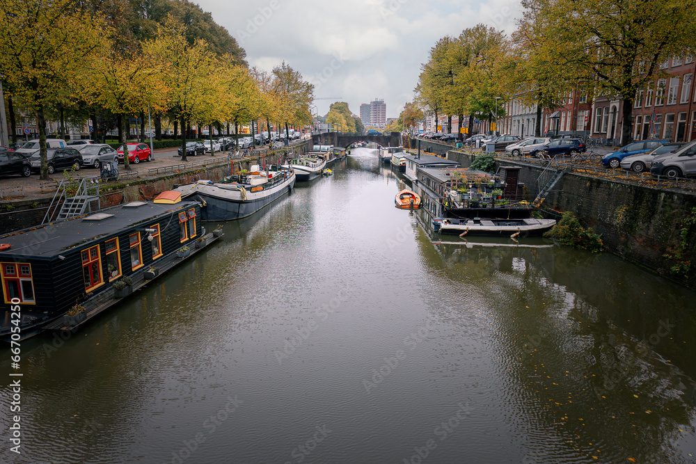 Groningen, the capital of the province of Groningen, with the many beautiful canals and houseboats on a cold October day