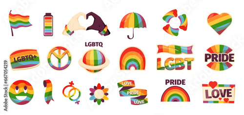 Lgbt stickers. Colorful abstract LGBT rainbow flag and symbols for lgbtq pride card design, diversity awareness concept. Vector isolated set. Pride month, Lgbtq plus community parade