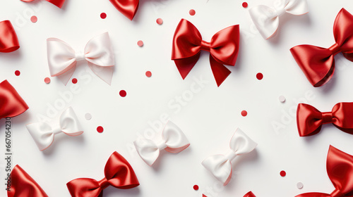 Red and white ribbon bow isolated on white, christmas card top view. 