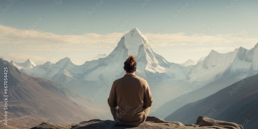 Man meditating yoga at mountains landscape. Travel Lifestyle relaxation emotional concept adventure summer vacations outdoor harmony with nature - obrazy, fototapety, plakaty 