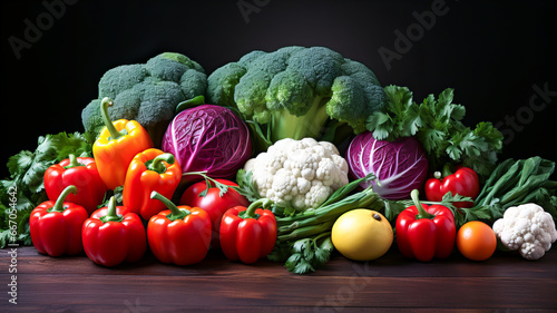 Composition with variety of raw organic vegetables on wooden table. Balanced diet. Food background. Healthy food. Generative AI technology. © Grycaj