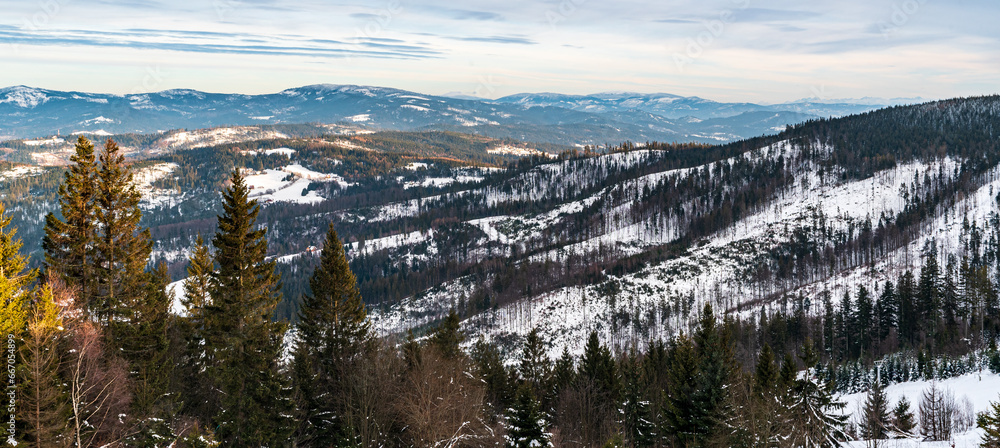 View from Wielki Stozek hill in winter Beskid Slaski mountains