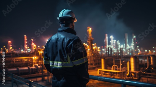 At the back of the workers engineer is an oil and gas industrial plant, an oil refinery plant from industry, a refinery oil storage tank, and pipe line steel.Security concept.