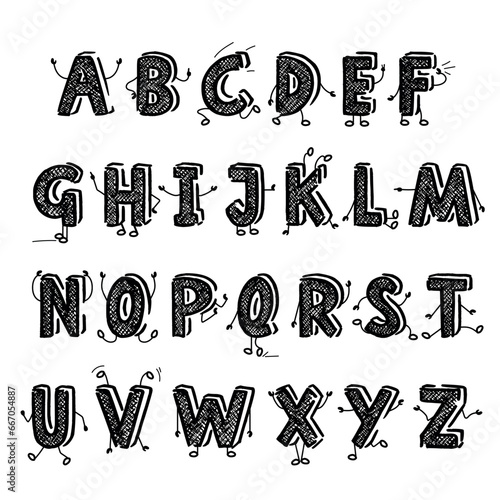 ABC Funny alphabet characters. Set of doodle letters with hands and legs isolated on white background. Vector illustration.