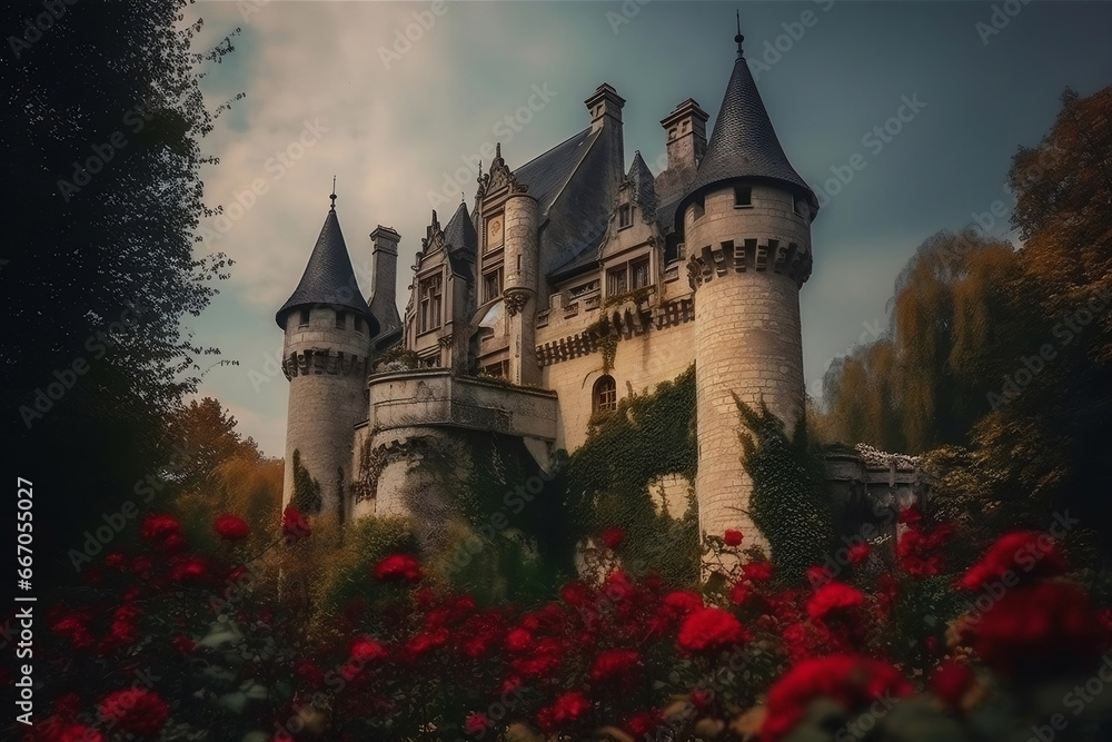 Fairytale castle overgrown with red blooming roses generative ai