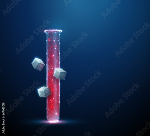 Low poly medical tube icon with red blood and falling white cubes of sugar. Diabetes and blood sugar test concept.