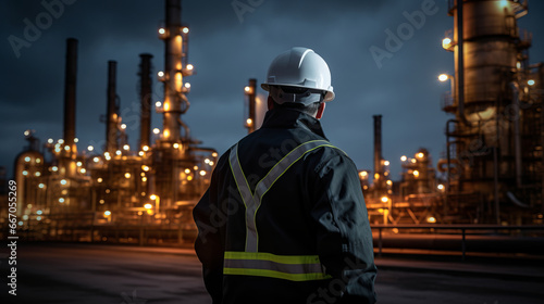 At the back of the workers engineer is an oil and gas industrial plant, an oil refinery plant from industry, a refinery oil storage tank, and pipe line steel.Security concept.